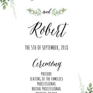 Greenery Wedding Program Template 4x9 (Printable PDF) image 4