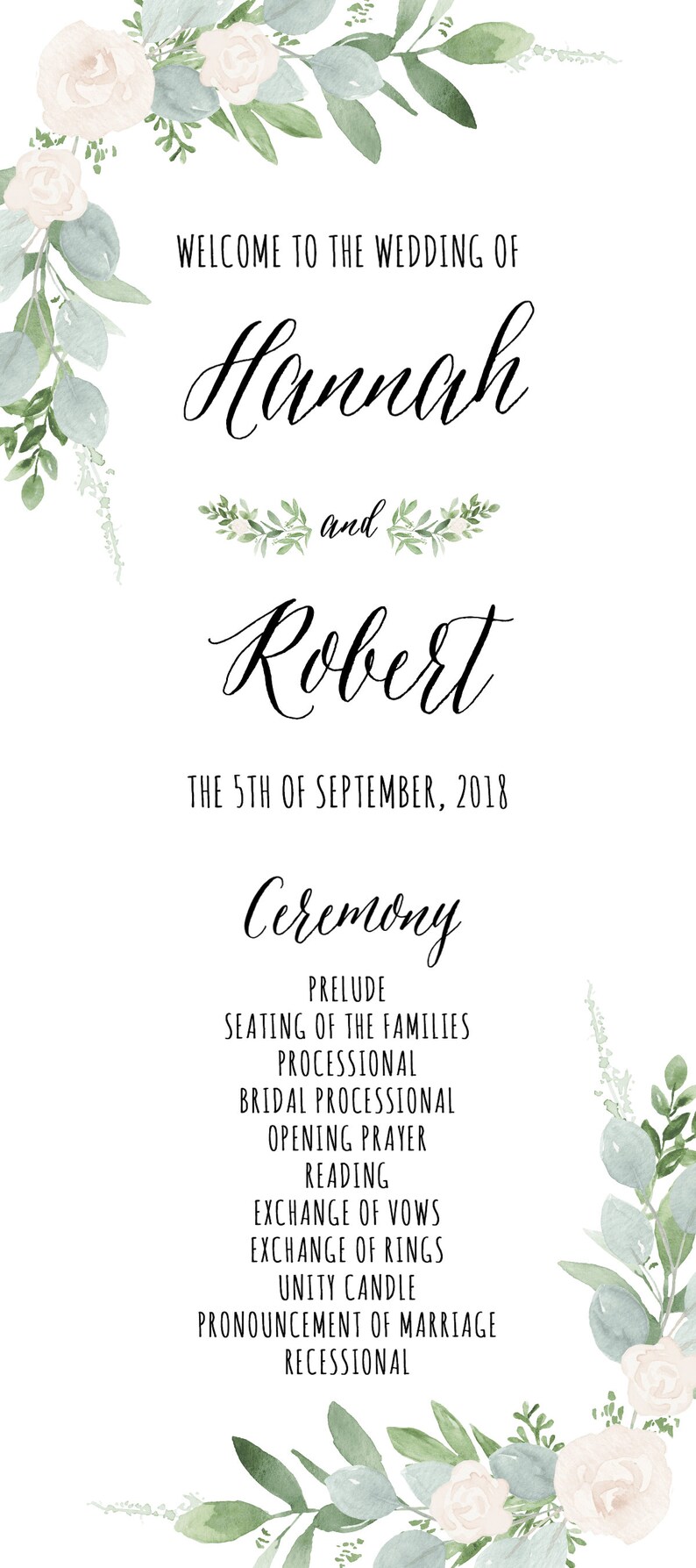 Greenery Wedding Program Template 4x9 (Printable PDF) image 4