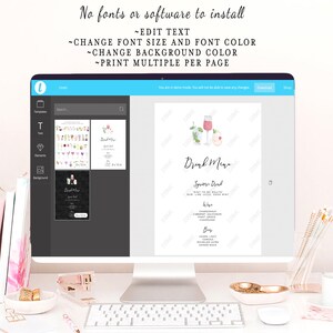 May include: A computer screen displaying a website with a drink menu template. The template features a watercolor illustration of two cocktails and the text "Drink Menu". The website allows users to edit the text, font size, font color, background color, and print multiple templates per page.