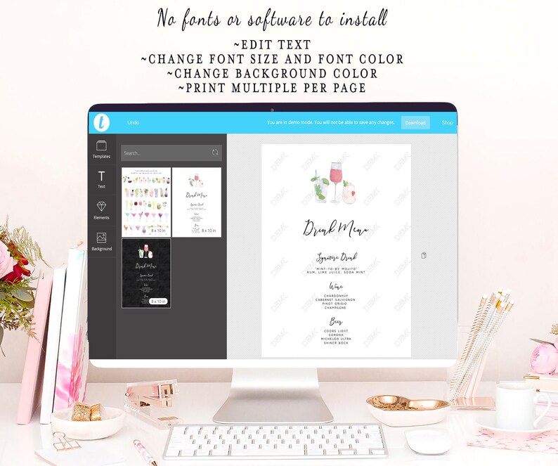 May include: A computer screen displaying a website with a drink menu template. The template features a watercolor illustration of two cocktails and the text "Drink Menu". The website allows users to edit the text, font size, font color, background color, and print multiple templates per page.