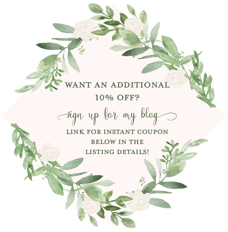Puede incluir: Una ilustraci&oacute;n de acuarela de una corona floral con flores blancas y hojas verdes. La corona rodea un rect&aacute;ngulo rosa con el texto "WANT AN ADDITIONAL 10% OFF? sign up for my blog LINK FOR INSTANT COUPON BELOW IN THE LISTING DETAILS!"
