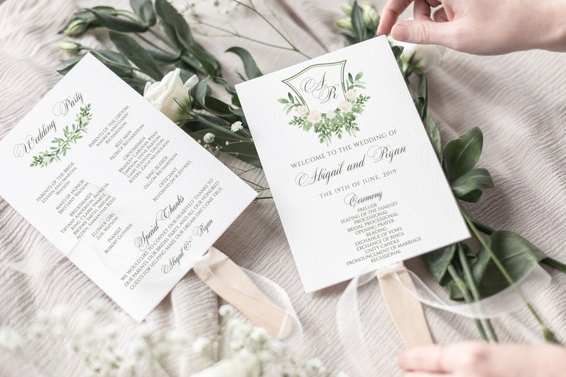 Wedding Program Fan Template Greenery Monogram Crest Etsy