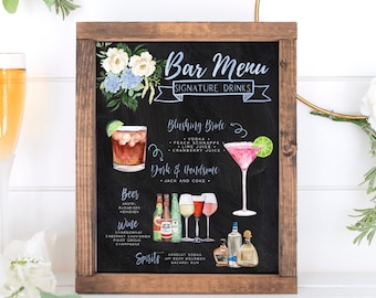 Menu de boissons signature, modèle de cocktails signature au tableau, modèle de panneau de menu de bar à hortensia bleu, panneau de boissons signature, plus de 4 000 boissons