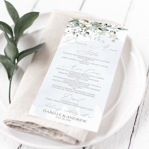 PRINTED Wedding Menu, Dusty Blue Greenery Wedding Menu, Botanical Wedding Menu, 4&quot;x9&quot;, Boho Floral Wedding Menu, Succulent Menu, Rustic Menu