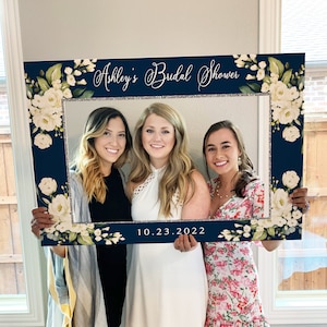 Photo Prop Frame Printable Template, White Floral Navy Silver Greenery Wedding, Bridal Shower, Hen Party Photo Booth, DIY Southern Magnolia