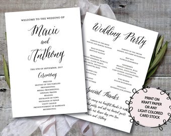 Calligraphy Wedding Program Template: Printable 5x7 (Digital Download)