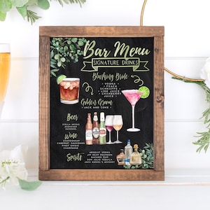 Cartello per bevande esclusive, modello per cocktail esclusivi su lavagna, modello per menù da bar Greenery Eucalyptus, bevande esclusive, oltre 7.000 bevande