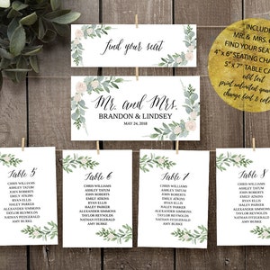 Greenery Seating Chart Cards Template, Printable Seating Chart Cards, Wedding Seating Cards, Seating Chart Floral Template