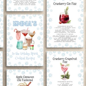 Pacchetto modelli di biglietti per ricette cocktail con fiocchi di neve, 70 biglietti preconfezionati per ricette cocktail natalizi, cesto regalo cocktail natalizio, regalo festivo