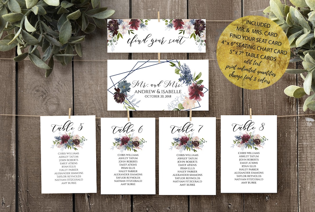 Wedding Seating Chart Cards Template, Printable Wedding Seating Chart ...