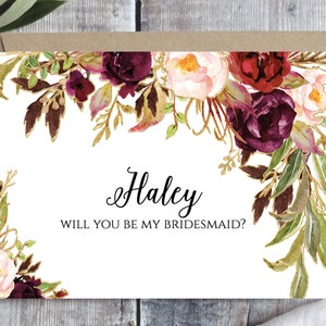 Bridesmaid proposal card Template, Will you be my bridesmaid Printable, Personalized, Marsala floral card, Bridal party, Bridesmai gift box image 1