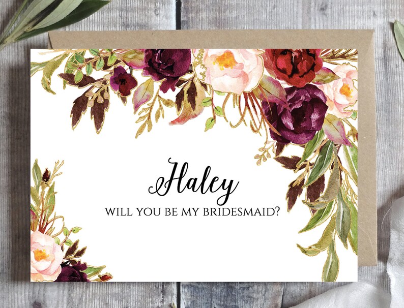 Bridesmaid proposal card Template, Will you be my bridesmaid Printable, Personalized, Marsala floral card, Bridal party, Bridesmai gift box image 1