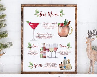 May include: A framed rectangular bar menu sign with a dark wood border. The white sign features watercolor illustrations of cocktails, beer, wine, and spirits with text listing drink names and ingredients like Cranberry Mule and Christmas Cosmo.
