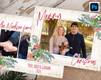May include: A Christmas card featuring a family of three with a festive holiday design. The card says "Merry Christmas" and "The Madison family" with the names "Tyler, Holly & Graham" and the year "2020".