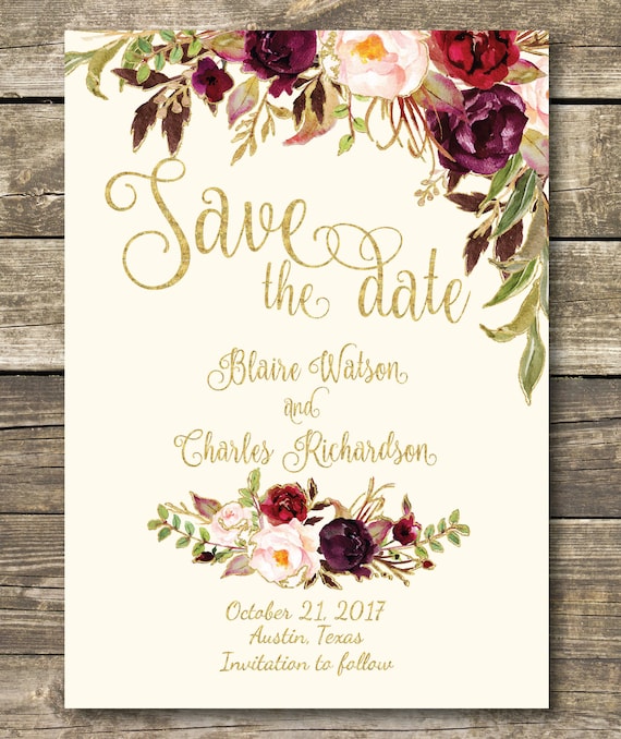 Printable Save the Date - DIY Floral Watercolor Wedding - Gold / Burgundy / Marsala / Wine Rustic Wedding - Printed Wedding Invitation Il_570xn