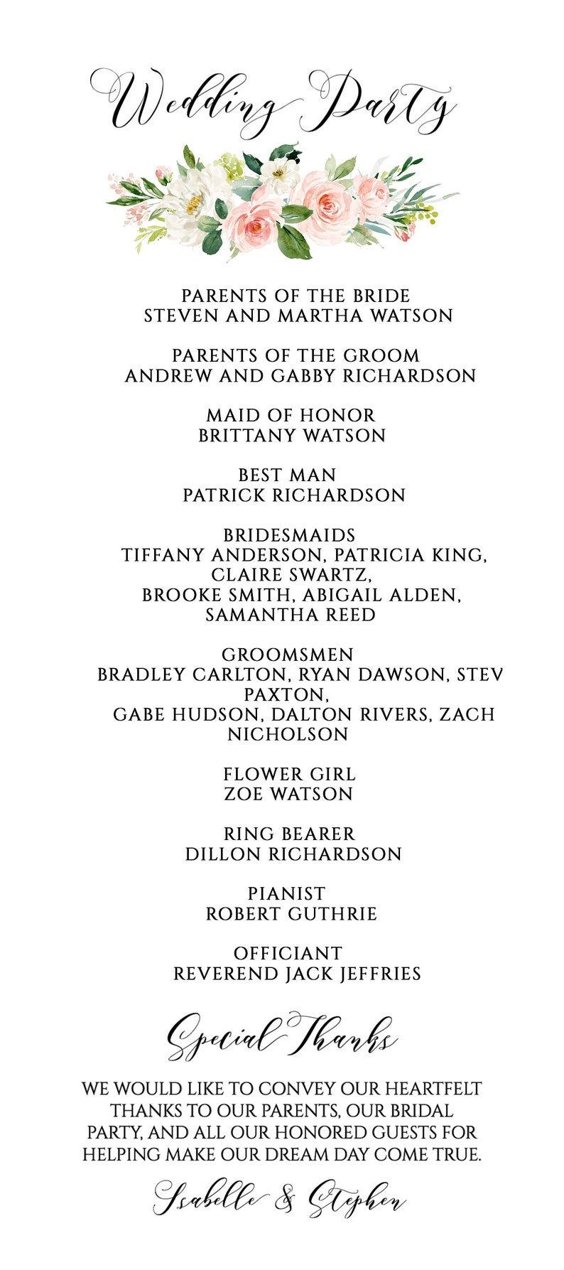 May include: A wedding party announcement with a floral border. The names of the bride and groom, Isabelle and Stephen, are at the bottom of the page. The names of the wedding party members are listed in a traditional format.