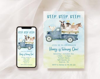 Könnte beinhalten: Eine Geburtstagseinladungskarte und ein Smartphone mit demselben Design. Die Grafik zeigt einen blauen Aquarell-LKW mit Nutztieren wie einer Kuh, einem Esel und Hühnern sowie den Text BEEP, BEEP, BEEP! JOIN US TO CELEBRATE Henry is turning One! Saturday, October 9th, 1:00pm - 3:00pm, Tucker Farm, 7408 Hewitt Dr, Austin, TX, RSVP to Ashley at 901-555-1212.
