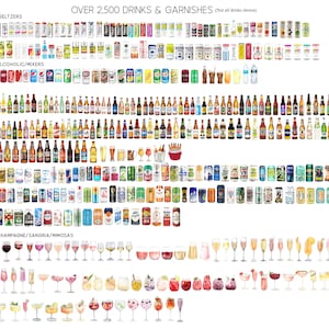 Puede incluir: Una ilustraci&oacute;n colorida de m&aacute;s de 2.500 bebidas y guarniciones diferentes, incluyendo bebidas alcoh&oacute;licas con gas, refrescos sin alcohol, cervezas, vinos, champagnes, sangr&iacute;as y mimosas. La imagen est&aacute; dividida en categor&iacute;as e incluye una variedad de marcas y estilos.