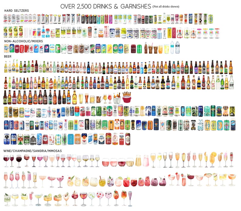 Puede incluir: Una ilustraci&oacute;n colorida de m&aacute;s de 2.500 bebidas y guarniciones diferentes, incluyendo bebidas alcoh&oacute;licas con gas, refrescos sin alcohol, cervezas, vinos, champagnes, sangr&iacute;as y mimosas. La imagen est&aacute; dividida en categor&iacute;as e incluye una variedad de marcas y estilos.