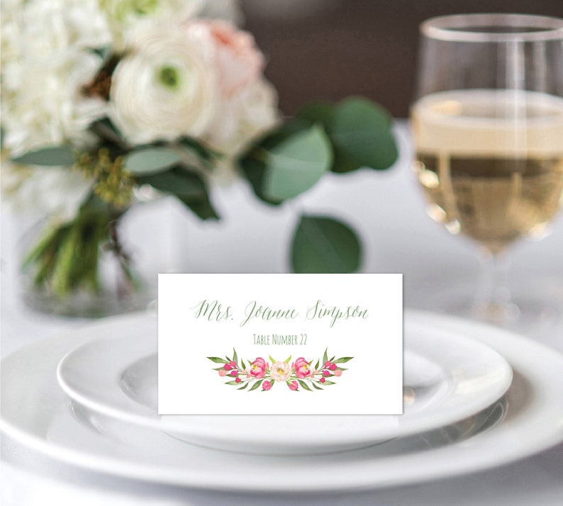 Place Cards Template, Place Card Printable, Coral, Blush Pink Peony Place Card Template, Tented and Flat Place Cards, Two Styles, Food Label image 1