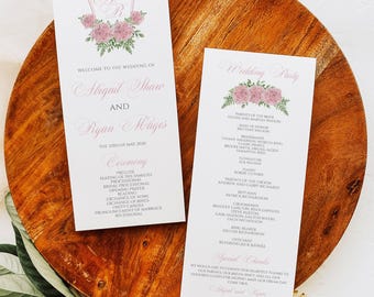 Trouwprogramma met hortensia-thema: Klassiek monogram (printbaar)