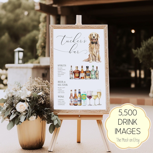 Bruiloft barmenu met huisdier, handtekening huisdier drankje tekensjabloon, huisdier handtekening cocktailbord hond, hond menubord bruiloft bar, cocktailbord huisdier