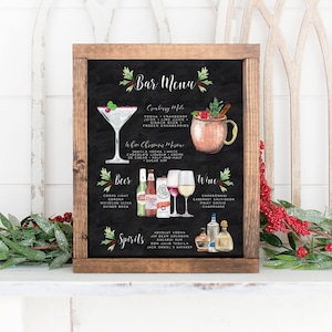 May include: A chalkboard bar menu with a festive Christmas theme. The menu lists cocktails, beer, wine, and spirits. The chalkboard is framed in wood and has a holly border.