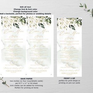 K&ouml;nnte beinhalten: Druckbare Hochzeitsmen&uuml;-Vorlage mit einem Aquarellhintergrund mit wei&szlig;en Blumen und gr&uuml;nen Bl&auml;ttern. Der Text lautet "Dinner Menu" und enth&auml;lt eine Liste von Vorspeisen, Hauptgerichten und Desserts. Am unteren Rand der Vorlage steht "Vielen Dank, dass Sie mit uns feiern! Isabelle & Andrew".