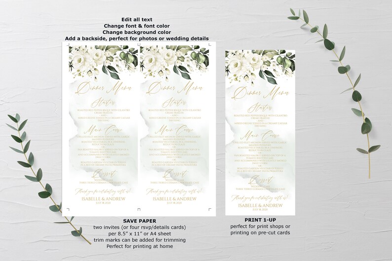 K&ouml;nnte beinhalten: Druckbare Hochzeitsmen&uuml;-Vorlage mit einem Aquarellhintergrund mit wei&szlig;en Blumen und gr&uuml;nen Bl&auml;ttern. Der Text lautet "Dinner Menu" und enth&auml;lt eine Liste von Vorspeisen, Hauptgerichten und Desserts. Am unteren Rand der Vorlage steht "Vielen Dank, dass Sie mit uns feiern! Isabelle & Andrew".