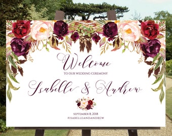 Wedding Welcome Sign Template, Wedding Welcome Sign Printable, Marsala Welcome Sign, Rustic Welcome Sign, Horizontal Wedding Welcome Sign