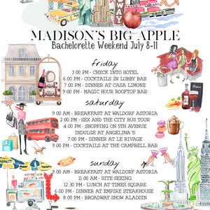 May include: A watercolor illustration of a bachelorette weekend itinerary in New York City. The illustration features iconic landmarks like the Statue of Liberty, the Brooklyn Bridge, and the Empire State Building. The itinerary includes activities like a bus tour, shopping on 5th Avenue, and a Broadway show.
