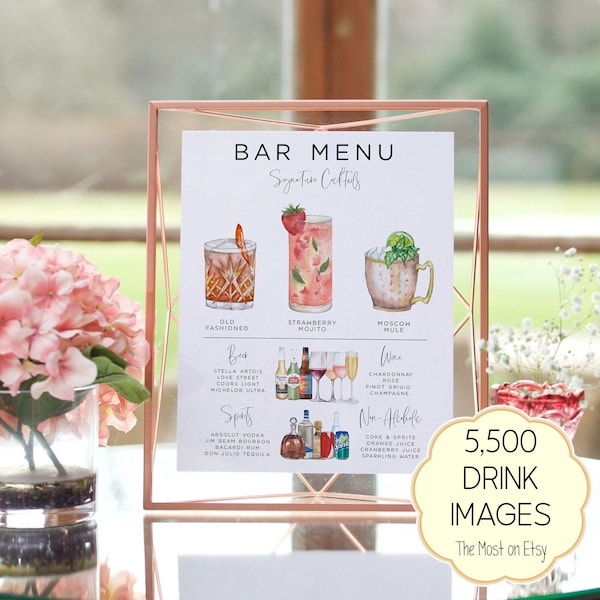 Plantilla de menú de bar, plantilla de menú de bebidas editable moderna, menú de bar imprimible minimalista, letrero de bebidas exclusivas, más de 7000 imágenes de bebidas, vegetación
