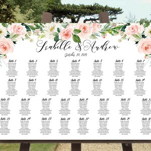 May include: A wedding seating chart with a floral design featuring pink and white flowers. The chart is titled "Isabelle & Andrew" with the date "July 20, 2018". The chart lists tables numbered 1 through 30 with guest names.