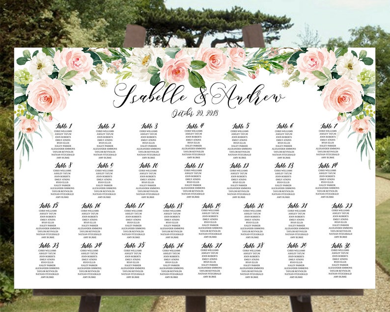 May include: A wedding seating chart with a floral design featuring pink and white flowers. The chart is titled "Isabelle & Andrew" with the date "July 20, 2018". The chart lists tables numbered 1 through 30 with guest names.