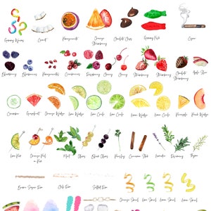 May include: A watercolor illustration of various garnishes for cocktails and drinks. The illustration includes fruits, vegetables, herbs, spices, candies, and other decorative elements. The image is labeled "Garnishes" at the top.
