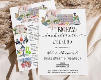 Könnte beinhalten: Zwei rechteckige weiße Papiereinladungen mit Aquarellillustrationen von Wahrzeichen aus New Orleans, einem Saxophon und einem Dampfschiff. Der Text lautet THE BIG EASY BACHELORETTE WEEKEND, ALLIE SHEPARD, FRIDAY, MAY 18 THRU SUNDAY, 22, GARDEN DISTRICT, NEW ORLEANS, LA.