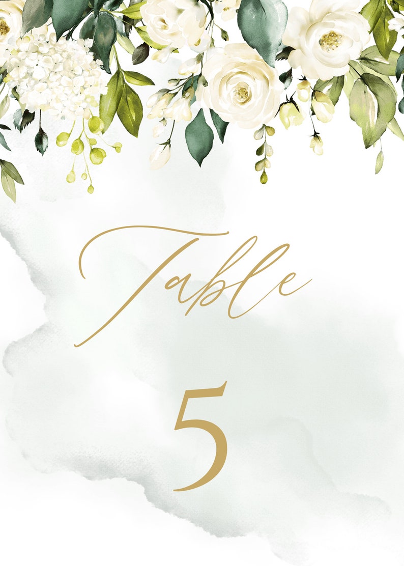 May include: White floral wedding table number card with a gold script font that says "Table 5".