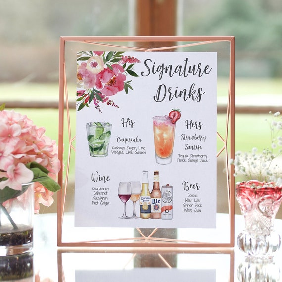 Bright Pink Peony Drink Menu Template, Bar Menu Wedding Template, Bar