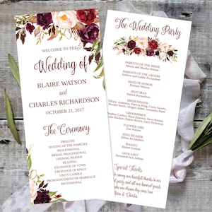 May include: Two white wedding program cards featuring floral illustrations in deep burgundy, pink, and green. The text includes "Welcome to the Wedding of Blaire Watson and Charles Richardson," "The Wedding Party," and "The Ceremony" with a list of events and names.