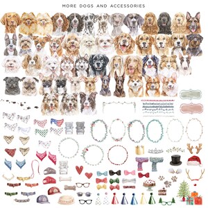 May include: A collection of watercolor illustrations featuring various dog breeds, accessories, and decorative elements. The illustrations include different dog breeds, collars, leashes, bandanas, wreaths, crowns, bows, bones, hats, party hats, and a Christmas tree.