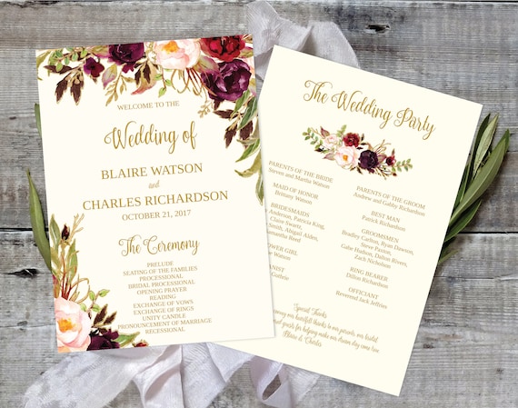 wedding program template printable editable fall floral etsy