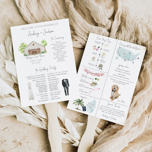 Infographic Wedding Program Fan Template, Church Wedding Ceremony Program, Wedding Day Timeline Program Card, Modern Infographic Program Fan
