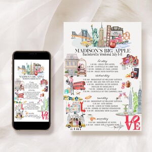 May include: A watercolor illustration of a bachelorette party itinerary for a weekend trip to New York City. The itinerary includes activities like a bus tour, shopping, and cocktails. The illustration features iconic New York City landmarks like the Statue of Liberty, the Brooklyn Bridge, and the Empire State Building. The text reads "Madison's Big Apple Bachelorette Weekend July 8-11".