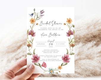 Wildflower Bridal Shower Invitation Template, Boho Floral Bridal Shower Invite, Colorful Wildflower Watercolor Invitation, Printable Shower