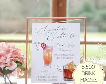 Pode incluir: Uma moldura geométrica em ouro rosa contém uma placa branca intitulada Signature Cocktails. Apresenta ilustrações de um gin prosecco rosa com morango e um negroni com casca de laranja, listando os ingredientes. Um selo amarelo indica 5.500 DRINK IMAGES The Most on Etsy.