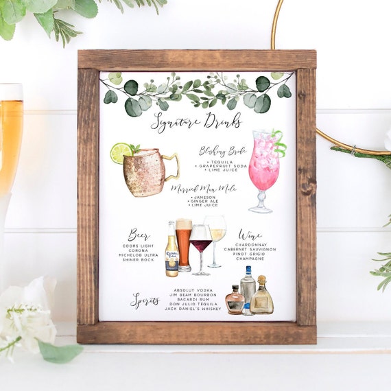 Signature Drinks Sign, Editable Signature Cocktails Template, Bar Menu Sign Template, Signature Drinks Sign, 150 Drink Images, Greenery Il_570xn