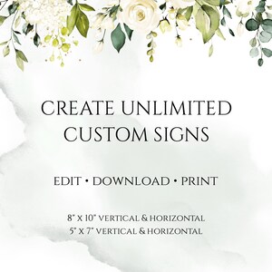 K&ouml;nnte beinhalten: Eine digitale druckbare Schildvorlage mit einem floralen Rand. Der Text lautet "Erstelle unbegrenzt benutzerdefinierte Schilder" und "Bearbeiten Herunterladen Drucken". Das Schild ist in zwei Gr&ouml;&szlig;en erh&auml;ltlich: 8" x 10" und 5" x 7".