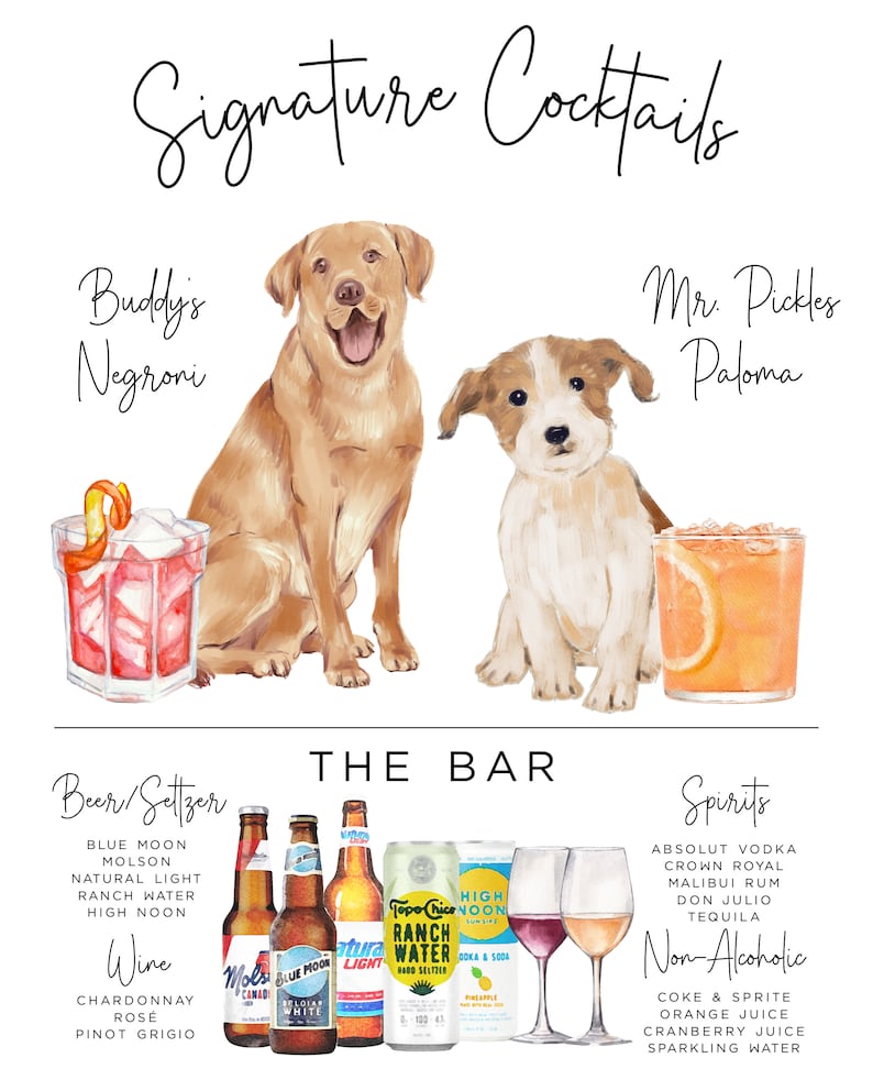 May include: A watercolor illustration of a bar menu with signature cocktails, beer, wine, and spirits. The menu features two dogs, one with a Negroni cocktail and the other with a Paloma cocktail. The menu also includes a list of non-alcoholic beverages.