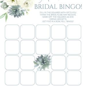 Bridal Shower Bingo Card Template, Succulent Dusty Blue Printable ...