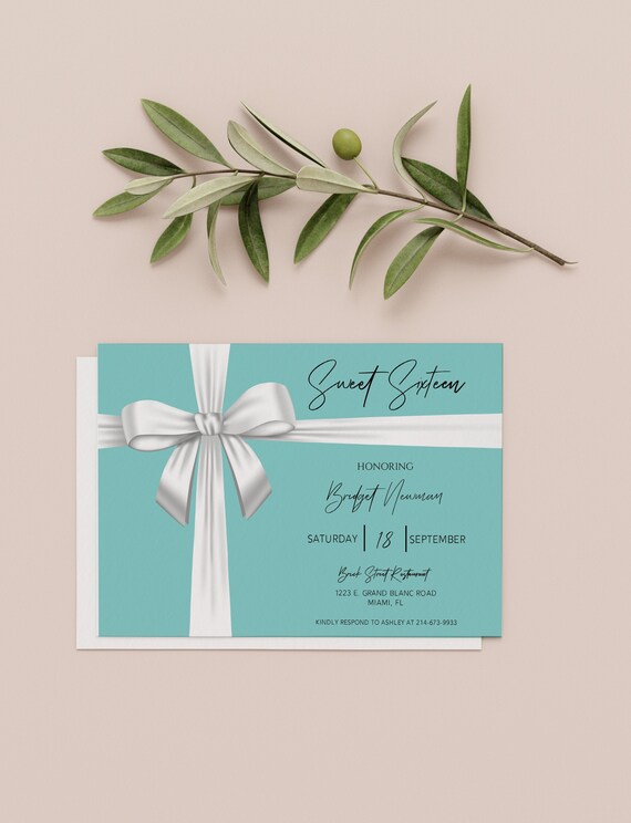 White Bow with Aqua Blue Sweet Sixteen Invitation Printable Template, Sweet 16. Invitation, Audrey Hepburn Breakfast Inspired Invitation Il_570xn
